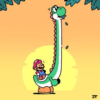 1boy blue_overalls commentary eating facial_hair hat highres james_turner leaf long_neck mario mario_(series) mustache nintendo nostrils open_mouth overalls red_hat red_shirt riding shirt smile yoshi |_|