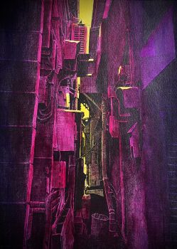 absurdly_detailed_composition absurdres alley back_alley building color_contrast complex_exterior crosshatching dark hatching_(texture) highres ibsukionsen industrial_pipe linear_hatching no_humans original outdoors purple_theme scenery sky traditional_media yellow_sky