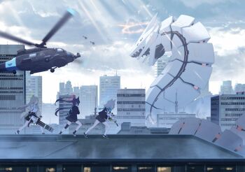 3girls aircraft animal_ear_fluff animal_ears artist_request assault_rifle binah_(blue_archive) black_gloves black_hair black_shoes black_skirt black_socks blonde_hair blue_archive blue_halo blue_jacket blue_ribbon blue_scarf blue_shoes cat_ears cat_girl city closed_eyes fingerless_gloves game_cg gatling_gun gloves green_gloves green_halo grey_hair gun hair_bun hair_ribbon halo helicopter highres holding holding_gun holding_weapon id_card jacket knee_pads kneehighs minigun multiple_girls non-web_source official_art open_clothes open_jacket open_mouth rain red_halo ribbon rifle running scarf shoes single_glove single_knee_pad single_side_bun skirt sneakers socks tail twintails weapon white_shoes white_socks wolf_girl wolf_tail yellow_jacket