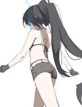 1girl absurdres ass back bare_arms bare_shoulders belt bikini bikini_top_only black_bikini black_gloves black_hair black_rock_shooter black_rock_shooter_(character) black_shorts blue_fire commentary english_commentary fire flaming_eye from_behind gloves halterneck highres long_hair no_shirt scarlet_(wv0102) short_shorts shorts simple_background solo swimsuit twintails uneven_twintails very_long_hair walking white_background white_belt