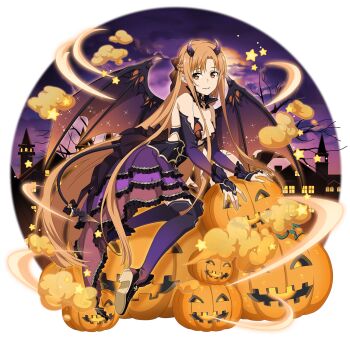 1girl asuna_(sao) bow braid breasts bridal_gauntlets brown_bow brown_eyes brown_hair cleavage demon_tail demon_wings detached_sleeves dress female_focus floating_hair french_braid full_body hair_bow halloween halloween_costume high_heels highres horns jack-o'-lantern layered_dress long_hair long_sleeves looking_at_viewer matching_hair/eyes medium_breasts moon multicolored_wings night official_art open_mouth pump pumpkin purple_dress purple_sky purple_sleeves purple_thighhighs purple_wings short_dress sky smile solo strapless strapless_dress sword_art_online sword_art_online:_memory_defrag tail thighhighs transparent_background very_long_hair wings