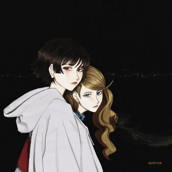 2girls absurdres beach blonde_hair blue_eyes braid bright_pupils brown_hair chaosoded city_lights commentary crown_braid dark english_commentary highres hood hood_down hoodie long_hair looking_at_viewer multiple_girls night niijima_makoto persona persona_5 red_eyes takamaki_anne unamused white_hoodie white_pupils