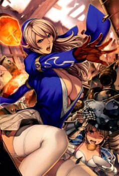 2girls blue_eyes breasts brown_hair dwarf large_breasts long_hair multiple_girls nun oda_non official_art queen&#039;s_blade sigui_(queen&#039;s_blade) skirt thighhighs ymir_(queen&#039;s_blade)