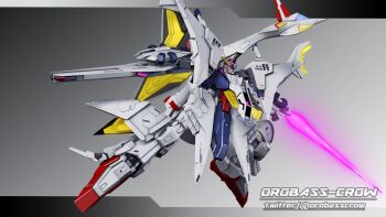 3d absurdres beam_rifle energy_sword commentary_request earth_federation energy_gun glowing gradient_background gundam gundam_hathaway's_flash highres inviter_oro machinery mecha mecha_focus mobile_suit no_humans penelope_(hathaway's_flash) robot roundel science_fiction shield signature v-fin weapon