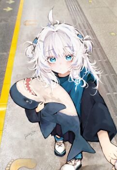 ahoge blue_eyes blue_hair blush closed_mouth doktahzaki gawr_gura hair_intakes highres holding holding_hands holding_stuffed_toy hololive hololive_english ikea_shark looking_at_viewer medium_hair multicolored_hair pleated_skirt pov redrawn shoes signature skirt streaked_hair stuffed_animal stuffed_shark stuffed_toy tearing_up train_station_platform two_side_up virtual_youtuber white_hair white_shoes