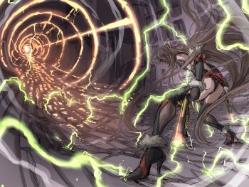 Rule 34 | 1girl, ass, boots, breasts, brown hair, dark-skinned female, dark skin, electricity, female focus, full body, gun, hair ribbon, hammer, highleg, highleg leotard, holding, holding gun, holding hammer, holding weapon, legs apart, leotard, long hair, looking ahead, mizuki yukikaze, neon lights, official art, outdoors, pink eyes, revealing clothes, ribbon, serious, shindol, shiny clothes, skin tight, small breasts, solo, taimanin (series), taimanin rpgx, taimanin suit, taimanin yukikaze, twintails, two side up, very long hair, weapon