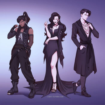 1boy 2girls asami_sato avatar_legends bare_shoulders black_choker black_dress black_footwear black_lips black_nails black_pants boots breasts caro_oliveira choker cleavage dark-skinned_female dark_skin dress goth_fashion korra lipstick long_hair long_sleeves makeup mako_(avatar) medium_breasts multiple_girls pants ponytail stomach_tattoo striped_clothes striped_pants tattoo the_legend_of_korra