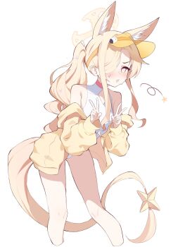 1girl alternate_costume animal_ears bare_shoulders blonde_hair blue_archive blush cardcat_00 casual_one-piece_swimsuit cropped_legs double_v extra_ears fox_ears fox_girl fox_tail hair_over_one_eye halo hashtag-only_commentary hat highres jacket long_hair looking_at_viewer one-piece_swimsuit open_clothes open_mouth seia_(blue_archive) seia_(swimsuit)_(blue_archive) simple_background solo swimsuit tail v visor_cap white_background white_one-piece_swimsuit yellow_eyes yellow_hat yellow_jacket