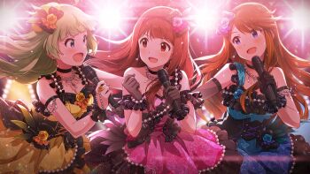 3girls black_choker black_gloves blue_dress blue_eyes blue_flower blue_rose breasts brown_hair choker cleavage commentary_request dress dress_flower floating_hair flower game_cg gloves green_hair hair_flower hair_ornament hat holding holding_microphone idol idolmaster idolmaster_million_live! idolmaster_million_live!_theater_days jewelry long_hair looking_at_another microphone mini_hat multiple_girls necklace official_alternate_costume official_art open_mouth pearl_necklace pink_dress pink_flower pink_rose red_eyes rose shimabara_elena side-by-side smile stage standing tanaka_kotoha third-party_source tokoro_megumi tristar_vision_(idolmaster) yellow_dress yellow_flower yellow_rose