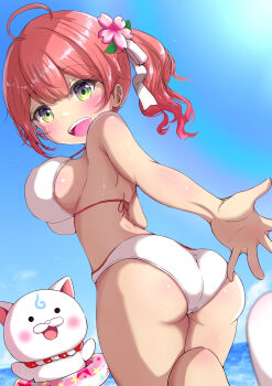 1girl :d absurdres ass back bare_arms bikini blue_sky blush breasts commentary_request day flower green_eyes hair_between_eyes hair_flower hair_ornament hair_ribbon highres hololive large_breasts medium_hair ninyo_(user_pddg5877) open_mouth outdoors red_hair ribbon sakura_miko side_ponytail sideboob sidelocks sky smile swimsuit teeth twisted_torso upper_teeth_only virtual_youtuber white_bikini
