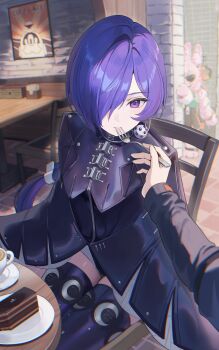 1boy 2girls absurdres black_coat blurry blurry_background cake cake_slice chair coat coffee commentary_request cup earrings eating feeding food fork furry furry_female hair_over_one_eye highres holding holding_fork jewelry looking_at_viewer multiple_girls on_chair plate pov promeia_(zenless_zone_zero) purple_eyes purple_hair sitting sunglasses table tem_(tempainting1) wise_(zenless_zone_zero) zenless_zone_zero zhao_(zenless_zone_zero)