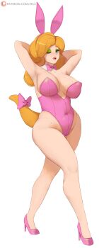 1girl absurdres alternate_costume animal_ears arms_behind_head bare_shoulders blonde_hair blue_eyes bow bowtie breasts commentary covered_navel detached_collar english_commentary eyeshadow fake_animal_ears full_body green_eyeshadow high_heels highleg highleg_leotard highres large_breasts legs leotard lizard_tail long_hair looking_at_viewer makeup mario_(series) nintendo one_eye_closed partial_humanization patreon_logo patreon_username pink_leotard playboy_bunny rabbit_ears seductive_smile smile solo standing strapless strapless_leotard super_smash_bros. tail the_adventures_of_super_mario_bros._3 traditional_bowtie watermark web_address wendy_o._koopa white_background wrist_cuffs zelc-face