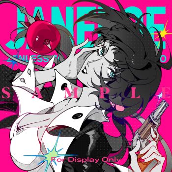 1girl absurdres alternate_costume animal_ears apple black_hair black_jacket black_lips blue_eyes bra breasts character_name cleavage commentary copyright_name ear_piercing english_commentary english_text food from_side fruit gun hand_on_own_face handgun highres holding holding_gun holding_weapon jacket jane_doe_(zenless_zone_zero) long_hair long_tail looking_at_viewer medium_breasts mouse_ears mouse_girl mouse_tail new_nambu_m60 piercing pink_background red_nails revolver sample_watermark saskeboom sharp_tail solo sparkle tail underwear upper_body watermark weapon white_bra zenless_zone_zero