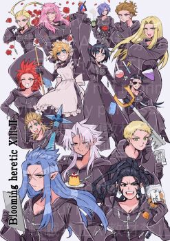 6+girls abe_riko antenna_hair apron axel_(kingdom_hearts) black_boots black_gloves black_hair black_robe blonde_hair blue_eyes blue_hair boots breasts brown_hair can commentary_request cross_scar crossed_legs demyx dreadlocks earrings eating eyepatch facial_mark falling_petals flower food furrowed_brow genderswap genderswap_(mtf) gloves green_eyes grey_hair hair_between_eyes hair_over_one_eye hair_slicked_back hand_on_own_cheek hand_on_own_chin hand_on_own_face highres holding holding_can holding_food holding_weapon hood hood_down hoop_earrings jewelry keyblade kingdom_hearts kingdom_hearts_358/2_days kingdom_hearts_ii large_breasts larxene lexaeus long_hair luxord maid maid_apron maid_headdress marluxia medium_breasts multicolored_hair multiple_girls one_eye_closed open_mouth parted_bangs parted_lips petals pink_hair poi ponytail pudding red_flower red_hair red_petals red_rose robe rose roxas saix scar scar_on_face scar_on_forehead sharp_teeth sideburns smile straight_hair streaked_hair teeth vexen vial wavy_hair weapon white_background xaldin xemnas xigbar xion_(kingdom_hearts) yellow_eyes zexion