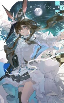 1girl absurdres amiya_(arknights) amiya_(guard)_(arknights) amiya_(guard)_(in_a_myriad_of_universes)_(arknights) animal_ears arknights black_hat black_skirt blue_eyes breasts brown_hair center_frills chinese_commentary commentary_request cowboy_shot floating_hair frilled_shirt frills gauntlets hair_between_eyes hat highres holding holding_sword holding_weapon jewelry kouyangchatuolajisiji long_hair long_sleeves looking_at_viewer moon multiple_rings parted_lips puffy_long_sleeves puffy_sleeves rabbit_ears rabbit_girl ring shirt single_gauntlet skirt small_breasts solo standing sword weapon white_shirt