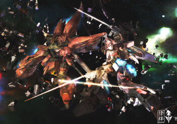 Rule 34 | 3d, battle, energy sword, gundam, gundam unicorn, highres, image sample, mecha, nt-d, robot, sandrum, shield, sinanju, space, sword, unicorn gundam, weapon
