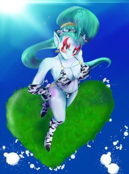 Rule 34 | 1girl, absurdres, animal ears, animal print, aqua hair, bikini, blue skin, blush, boots, breasts, colored skin, cow, cow ears, cow print, cow print bikini, demon girl, dragon ball, dragon ball heroes, ear piercing, earrings, flatpancakesjim, gloves, hands on own hips, high heels, highres, jewelry, large breasts, milk, piercing, ponytail, print bikini, pubic hair, putine (dragon ball), swimsuit, thong, thong bikini