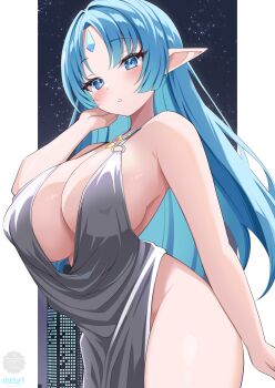 1girl absurdres aegis_kalar aqua_eyes aqua_hair backless_outfit bare_shoulders blush breasts covered_erect_nipples dress elegant_(sumisumi4268) gem grey_dress highres large_breasts long_hair looking_at_viewer pointy_ears rance_(series) solo