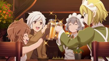 1boy 3girls :d animal_ears anime_coloring apron beer_mug bell_cranel blue_eyes brown_gloves brown_hair brown_jacket chair closed_eyes closed_mouth cup danmachi_battle_chronicle dog_ears dress dungeon_ni_deai_wo_motomeru_no_wa_machigatteiru_darou_ka elf flower game_cg gloves green_dress green_hair grey_hair hand_up highres holding holding_cup indoors jacket juliet_sleeves liliruca_arde long_sleeves looking_at_another maid_headdress mug multiple_girls non-web_source official_art open_mouth orange_flower pointy_ears puffy_sleeves red_eyes red_flower ryu_lion short_hair sitting smile syr_flover toasting_(gesture) white_apron white_hair white_headdress wooden_chair yellow_flower