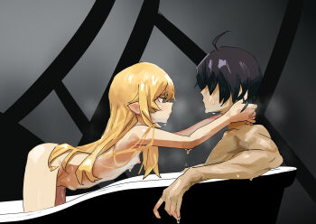 1boy 1girl ahoge araragi_koyomi bathtub bent_over black_hair blonde_hair breasts completely_nude flat_chest hair_over_eyes hand_on_another's_neck highres in_bathtub leaning_forward loli long_hair looking_at_another mbrito019 monogatari_(series) nipples nude oshino_shinobu pointy_ears shared_bathing small_breasts steaming_body very_long_hair wet