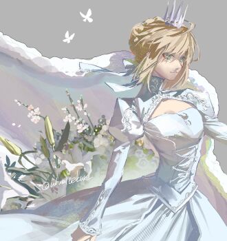 1girl aqua_dress artist_name artoria_pendragon_(fate) bird blonde_hair cape commentary_request crow dress fate/stay_night fate_(series) green_eyes highres saber_(fate) signature solo twitter_username ubwmitekure