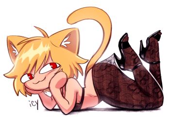 :3 animal_ear_fluff animal_ears artist_name black_bra blonde_hair bra cat_ears cat_girl cat_tail commentary english_commentary feet_up floral_print floral_print_pantyhose full_body highres hooked_on_heel iseenudepeople lace lace_pantyhose lace_pantyhose_hooked_on_heel_(meme) lying melty_blood meme neco-arc neco_spirit on_stomach pantyhose pantyhose_tug print_pantyhose red_eyes signature simple_background tail tsukihime tsukihime_(remake) underwear white_background