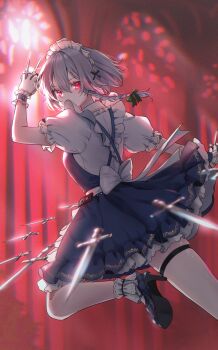 1girl ankle_cuffs apron arched_window arm_up between_fingers black_ribbon blue_dress blue_wrist_cuffs bow braid collared_dress commentary_request dress foot_out_of_frame frilled_apron frilled_cuffs frilled_skirt frilled_sleeves frills from_behind green_bow grey_hair hair_between_eyes hair_bow hair_ribbon high_heels highres holding holding_knife indoors izayoi_sakuya knife looking_at_viewer looking_back maid maid_headdress puffy_short_sleeves puffy_sleeves red_eyes red_theme ribbon shironeko_yuuki short_hair short_sleeves skindentation skirt solo thigh_strap touhou twin_braids white_ankle_cuffs white_apron white_dress white_headdress window wrist_cuffs