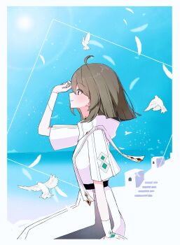 1girl absurdres ahoge arm_support arm_up beach belt bird black_belt border dress earrings eyeliner feathers from_side grey_hair highres honkai_(series) honkai_impact_3rd jewelry lens_flare looking_up makeup no_feet ocean official_alternate_costume parted_lips purple_eyes sazisazi50 short_hair sidelocks sitting smile solo square stairs sun sunlight vita_(salt_snow)_(honkai_impact) white_border white_dress wristband