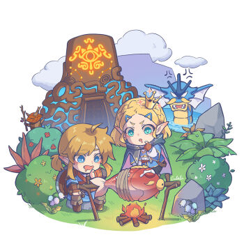 1boy 1girl :d ahoge anger_vein angry artist_name blonde_hair blue_cloak blue_eyes blue_flower blue_nightshade blue_shirt blue_tunic blush boots braid brown_footwear brown_gloves bush campfire cloak cloud commentary_request cooking crown crown_braid crying drooling fingerless_gloves fire fish flower gen_1_pokemon gloves grass green_pants gyarados hair_ornament hairclip hood hood_down hooded_cloak in_water korok link low_ponytail magikarp medium_hair mouth_drool nintendo open_mouth pants parted_lips plant pointy_ears pokemon pokemon_(creature) ponytail princess_zelda red_flower rock rotisserie shield shield_on_back shirt short_ponytail sidelocks signature simple_background sitting smile sparkle swept_bangs tears temple the_legend_of_zelda the_legend_of_zelda:_breath_of_the_wild the_legend_of_zelda:_tears_of_the_kingdom tunic v-shaped_eyebrows water white_background zoe_(killyou80)