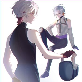 1boy black_shirt blue_eyes detached_sleeves earrings genshin_impact gloves holding_hands illuga_(genshin_impact) jewelry knee_pads knee_up mole mole_under_eye multicolored_hair red_hair red_pupils scar scar_on_neck shirt single_earring sleeveless sleeveless_turtleneck sweater tiniloaf turtleneck turtleneck_sweater two-tone_hair white_background white_hair