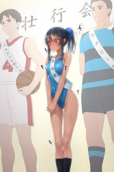 1girl 2boys bare_shoulders black_hair blue_ribbon breasts cameltoe competition_swimsuit covered_navel dark_skin embarrassed female_focus grey_eyes highleg highres imminent_orgasm implied_vibrator long_hair long_legs multiple_boys murakami_suigun one-piece_swimsuit original pantyhose ponytail ribbon sex_toy sidelocks skindentation small_breasts solo_focus swimsuit tan thigh_gap trembling