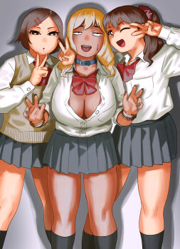 3girls absurdres black_skirt black_socks blonde_hair blue_collar bow bowtie bracelet breasts brown_eyes brown_hair brown_sweater_vest cleavage collar commentary_request dark-skinned_female dark_skin grey_nails gyaru hair_ornament hair_scrunchie hairclip highres jewelry kneehighs large_breasts miniskirt multiple_girls narisokonai one_eye_closed open_mouth original partially_unbuttoned piercing pleated_skirt ponytail red_bow red_bowtie scrunchie short_hair skirt smile socks sweatdrop sweater_vest tongue_piercing