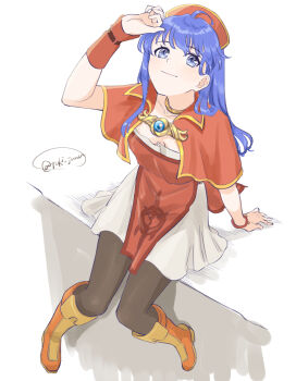 1girl absurdres black_pantyhose blue_eyes blue_hair boots breasts brown_boots capelet closed_mouth commentary_request dress fire_emblem fire_emblem:_the_binding_blade from_above hat highres jewelry lilina_(fire_emblem) long_hair looking_at_viewer looking_up nintendo pantyhose red_capelet red_dress red_hat sitting sleeveless sleeveless_dress small_breasts smile solo tsukimura_(d24f4z8j3t) twitter_username two-tone_dress white_background white_dress