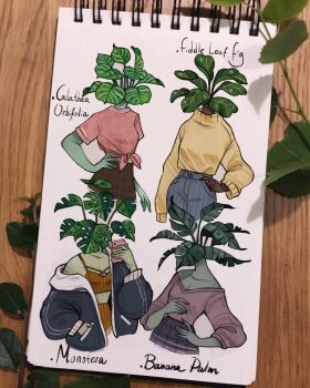 Rule 34 | 4girls, breasts, cleavage, colored skin, crop top, dark-skinned female, dark skin, feefal, flower, green skin, highres, holding, holding phone, jacket, leaf, long sleeves, midriff, monstera deliciosa, multiple girls, object head, off-shoulder shirt, off shoulder, original, palm leaf, pants, phone, plant, procreate (medium), shirt, shirt tucked in, skirt, sweater, t-shirt, turtleneck, turtleneck sweater