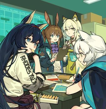 4girls :d :| amiya_(arknights) animal_ear_fluff animal_ears arknights ascot black_hair blaze_(arknights) blue_choker blue_eyes blue_jacket box brown_hair cat_ears cat_girl ceiling_light chips_(food) choker clipboard closed_mouth commentary double-parted_bangs elbow_pads english_commentary favilia fingerless_gloves food food_in_mouth gloves green_eyes grey_choker hair_between_eyes hairband holding holding_clipboard holding_pencil hood hood_down infection_monitor_(arknights) jacket jacket_on_shoulders jewelry kal'tsit_(arknights) looking_at_another mouth_hold multiple_girls open_mouth papers pencil potato_chips purple_ascot rabbit_ears rabbit_girl red_hairband ring rosmontis_(arknights) screen shirt sitting smile standing striped_clothes striped_shirt swept_bangs table vertical-striped_clothes vertical-striped_shirt white_hair white_shirt writing