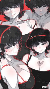 1girl absurdres artist_name black_eyes black_hair black_tank_top bra bra_peek breasts cleavage closed_mouth commentary earrings english_commentary glasses hairband highres jewelry jrpencil large_breasts looking_at_viewer mole mole_on_breast multiple_views original parted_lips raised_inner_eyebrows red_background red_hairband short_hair simple_background smile tank_top underwear