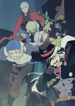 archer_(fate) archer_(honkai:_star_rail)_(fate) aventurine_(honkai:_star_rail) blonde_hair blue_hair boothill_(honkai:_star_rail) carrying carrying_person coat cowboy_hat crossover cu_chulainn_(fate) cu_chulainn_(honkai:_star_rail)_(fate) cu_chulainn_(lancer)_(fate) fate/stay_night fate/unlimited_blade_works fate_(series) hat highres honkai:_star_rail honkai_(series) jacket k_pipernigrum male_focus multiple_boys open_clothes open_jacket red_coat smile spiked_hair white_hair