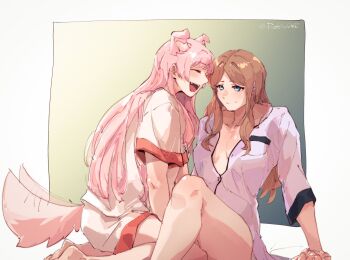2girls animal_ears bang_dream! bang_dream!_it&#039;s_mygo!!!!! barefoot blue_eyes blue_shirt blush breasts breasts_apart brown_hair chihaya_anon chinese_commentary closed_eyes closed_mouth commentary_request dog_ears dog_girl dog_tail fangs fictio_dei highres kemonomimi_mode kneeling long_hair medium_breasts multiple_girls nagasaki_soyo no_bra open_mouth pajamas partially_unbuttoned pink_hair shirt shorts sidelocks tail tail_wagging white_shirt white_shorts yuri