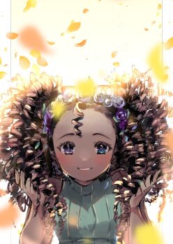 1girl artist_self-insert backlighting big_hair blue_eyes blush brown_hair commentary curly_hair dark_skin dark-skinned_female english_commentary fingernails flower forehead hair_flower hair_ornament heterochromia highres long_hair nachoz_(nachozart) nose_blush purple_eyes real_life ringlets sleeveless sleeveless_turtleneck smile solo turtleneck very_dark_skin