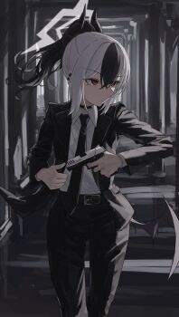 1girl absurdres belt black_belt black_hair black_jacket black_necktie black_suit black_wings blue_archive collared_shirt demon_horns demon_wings formal_clothes gun hair_between_eyes halo handgun highres holding holding_gun holding_weapon horns jacket kayoko_(blue_archive) long_hair long_sleeves muginosa multicolored_hair necktie open_clothes open_jacket red_eyes shirt single_wing solo standing suit two-tone_hair weapon white_hair white_shirt wings