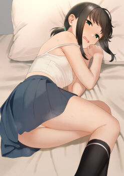 1girl adversarial_noise bed_sheet black_socks blue_skirt blush breasts brown_hair camisole commentary_request feet_out_of_frame fubuki_(kancolle) green_eyes indoors kantai_collection kneehighs loli low_ponytail lying medium_hair on_bed on_side open_mouth panties peanut_mouth pillow pleated_skirt ponytail sakiecho sidelocks skirt small_breasts socks solo spaghetti_strap steam sweat thighs underwear white_camisole white_panties