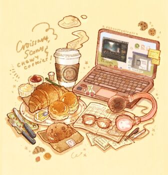 animal_print book cable calendar_(object) cherry chocolate_chip_cookie commentary computer cookie creamer_packet croissant cup disposable_coffee_cup disposable_cup english_commentary english_text food food_focus food_wrapper fork fruit headphones highres jam knife laptop marker nao_(bestrollever) napkin no_humans object_focus open_book original pen plate print_headphones rabbit_print scone simple_background sparkle star_(symbol) steam sticky_note yellow_background