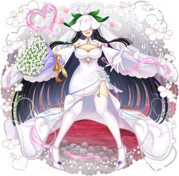 1girl alternate_costume black_hair blood bouquet breasts bridal_veil cleavage cleavage_cutout clothing_cutout dress flower flower_on_head flower_request full_body game_cg garter_straps gloves heart high_heels highres holding holding_bouquet large_breasts long_hair long_sleeves looking_at_viewer official_art open_mouth rotte_(1109) shoes shrug_(clothing) skull smile solo thighhighs third-party_source touhou touhou_lostword transparent_background veil very_long_hair wedding_dress white_dress white_flower white_gloves white_shoes white_shrug white_thighhighs wide_sleeves yomotsu_hisami