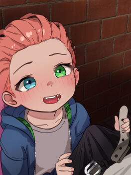 1boy 1girl age_difference alternate_costume blue_eyes blue_jacket bulge collarbone dot_nose erection erection_under_clothes fingernails flat_chest forehead from_above gradient_hair green_eyes grey_shirt hetero heterochromia highres hood hood_down hooded_jacket imminent_fellatio jacket league_of_legends loli long_hair looking_at_viewer looking_up mimizuki90 missing_tooth multicolored_hair open_clothes open_jacket open_mouth orange_hair pink_hair shirt smile solo_focus t-shirt teeth tongue two-tone_hair upper_body upper_teeth_only very_long_hair zoe_(league_of_legends)