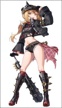 Rule 34 | 1girl, absurdres, baseball bat, belt, black boots, black gloves, black helmet, black jacket, black shirt, blonde hair, boots, breasts, chain, crop top, cropped jacket, full body, gloves, helmet, highres, jacket, kei (soundcross), knee boots, long hair, long sleeves, looking at viewer, luciana de montefio, mask, midriff, navel, open mouth, orange eyes, shirt, small breasts, smile, solo, spiked bat, spiked boots, spiked helmet, thigh boots, weapon, zenless zone zero