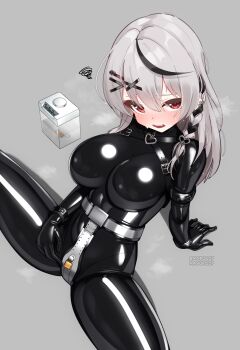 bdsm blush bodysuit bondage_cuffs bondage_harness breasts chastity_belt earrings jewelry keys latex latex_bodysuit lock maguro27 medium_breasts medium_hair orgasm_denial padlock red_eyes white_hair