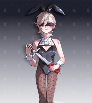 Rule 34 | 1boy, alternate costume, animal ears, bare shoulders, black leotard, blindfold, cheongeo 45, collar, facial mark, fake animal ears, fishnet pantyhose, fishnets, genshin impact, highres, holding, holding weapon, leotard, lyney (genshin impact), pantyhose, playboy bunny, rabbit ears, solo, tattoo, teardrop facial mark, teardrop tattoo, weapon, white collar, white wrist cuffs, wrist cuffs