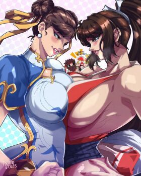2boys 2girls beard blonde_hair bracelet breasts brown_hair capcom chibi chinese_clothes chun-li double_bun facial_hair fatal_fury hair_bun hat highres jewelry multiple_boys multiple_girls no_bra ponytail ryu_(street_fighter) shiranui_mai sideboob snk street_fighter street_fighter_6 terry_bogard the_king_of_fighters tomato_styles yuri