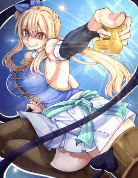 1girl absurdres bare_shoulders black_thighhighs blonde_hair blue_background breasts fairy_tail highres holding holding_key holding_whip key large_breasts long_hair lucy_heartfilia pleated_skirt rosavatar1 skindentation skirt solo thighhighs whip white_skirt