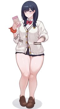 Rule 34 | 1girl, black hair, black skirt, blue eyes, blush, bowtie, brown shoes, cardigan, cellphone, gridman universe, hand in pocket, holding, holding phone, medium hair, miniskirt, orange scrunchie, phone, red bow, red bowtie, school uniform, scrunchie, shee-p (inemurisheep113), shirt, shoes, skirt, smartphone, solo, ssss.gridman, standing, takarada rikka, thick thighs, thighs, white background, white cardigan, white shirt, wrist scrunchie